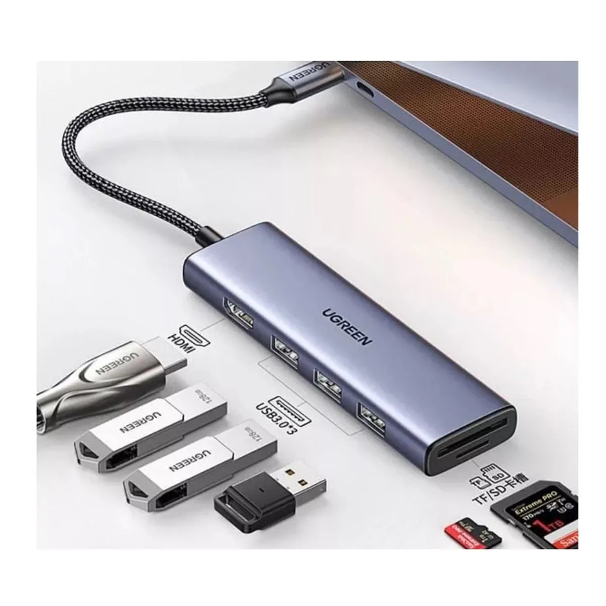 Ugreen Hub 6-in-1 USB-C la HDMI 3x USB-A 3.0 SD/TF Gri